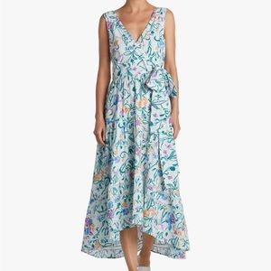 Tanya Taylor Neves Dress High Low Floral Sleeveless V-Neck Tie-Front Midi